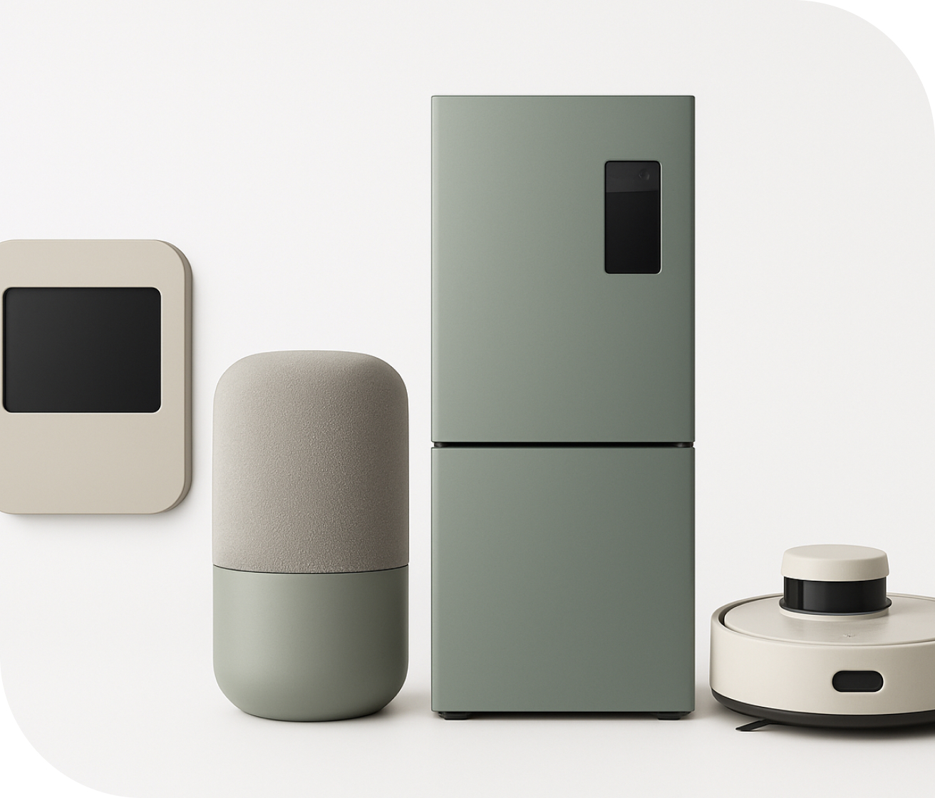 차분한 그린 베이지 색상의 스마트 가전 사진