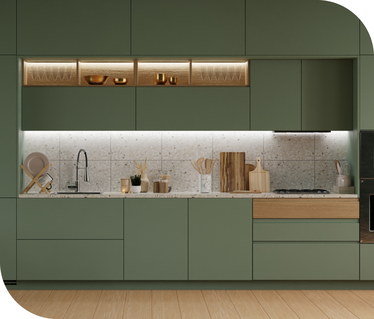 차분한 그린 톤의 주방 사진