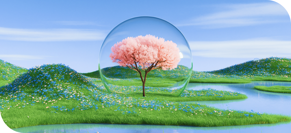 푸른 초원과 호수 위 핑크색 나무 일러스트 사진