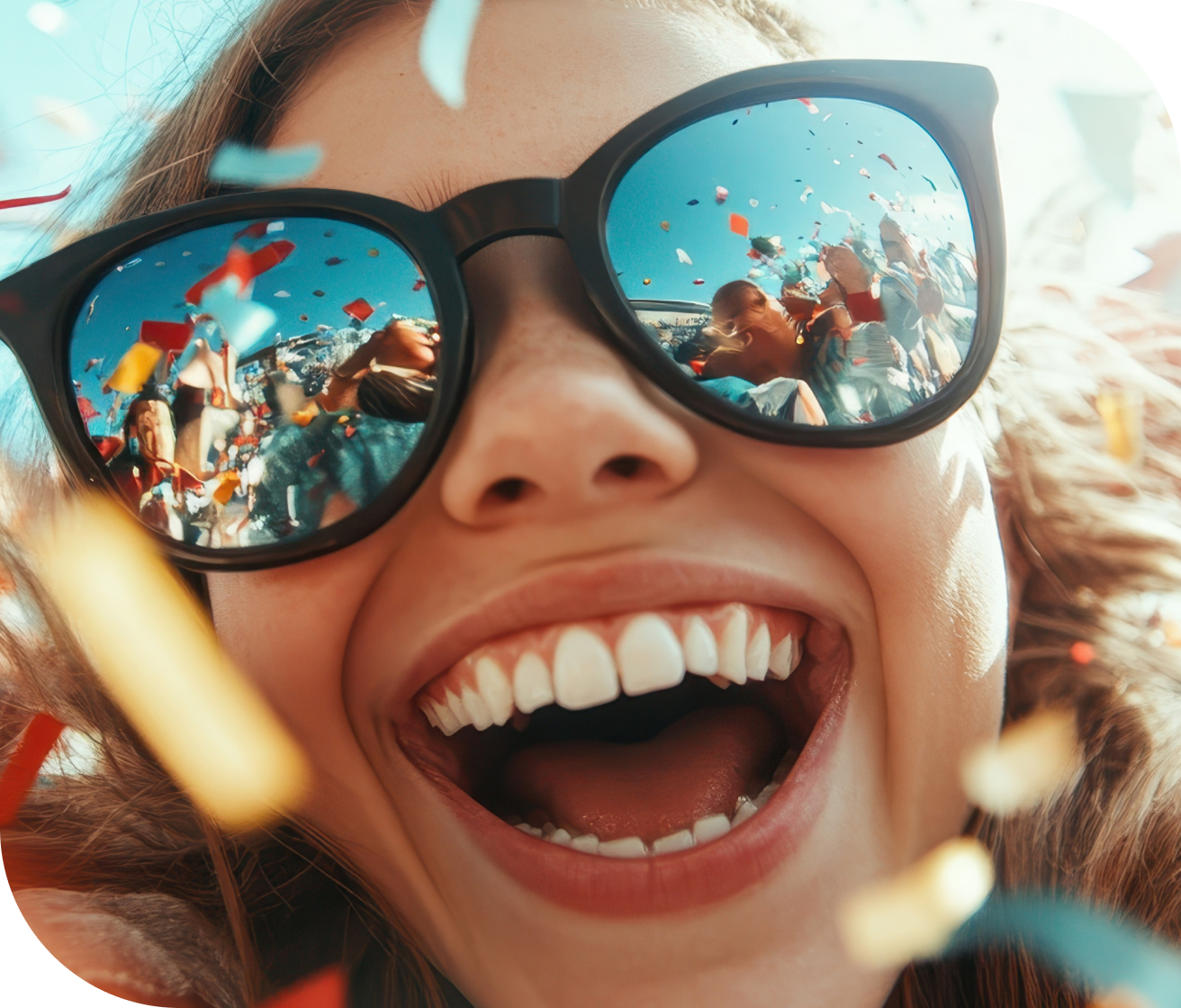 축제에서 선글라스 끼고 웃고있는 얼굴 사진